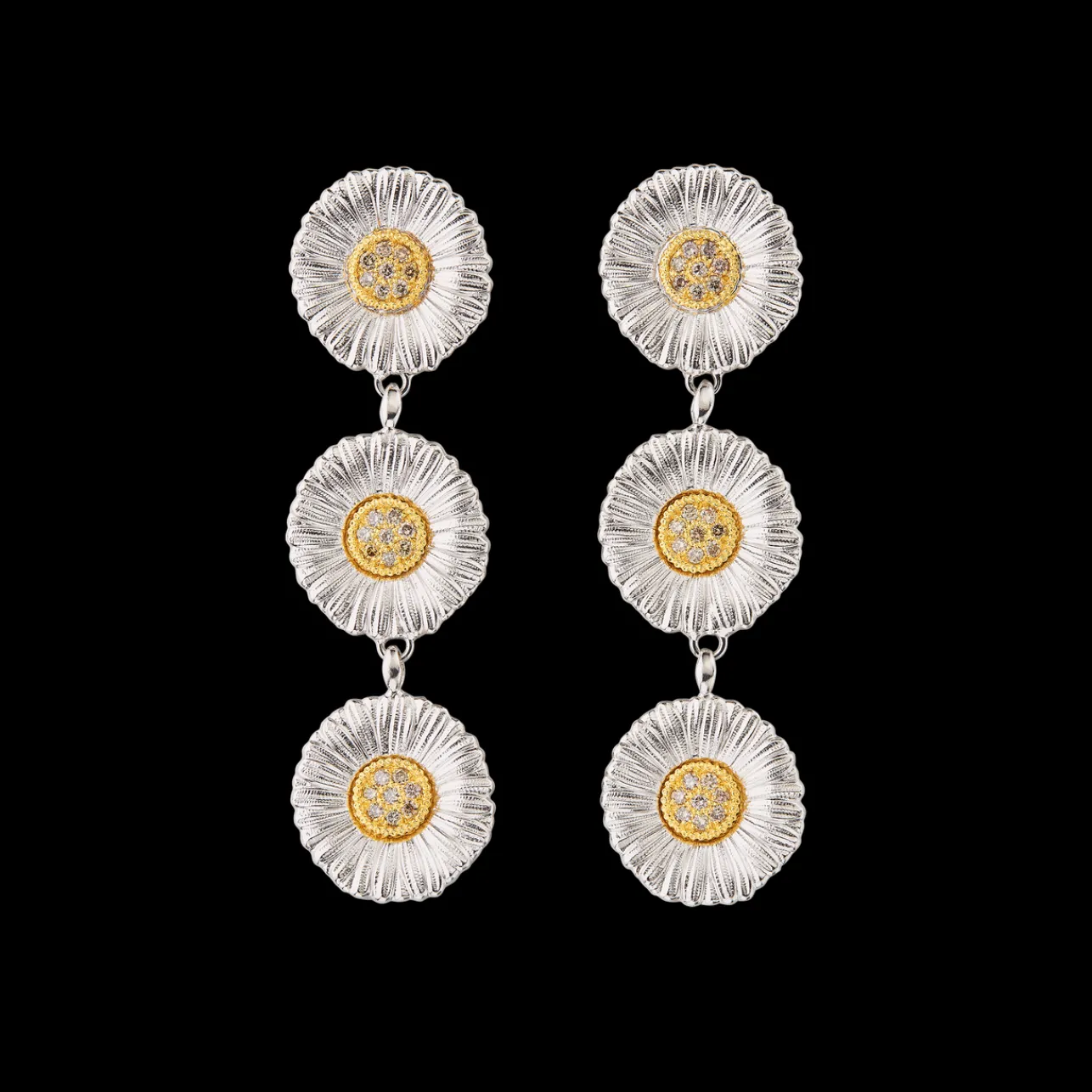 Buccellati BLOSSOMS DAISY SILVER AND VERMEIL PENDANT EARRINGS WITH DIAMONDS