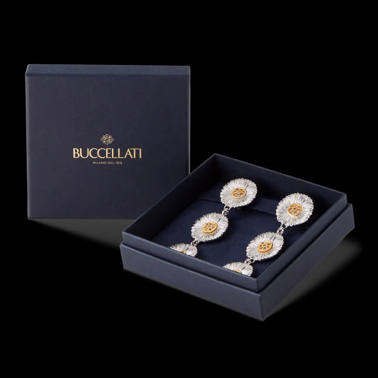 Buccellati BLOSSOMS DAISY SILVER AND VERMEIL PENDANT EARRINGS WITH DIAMONDS