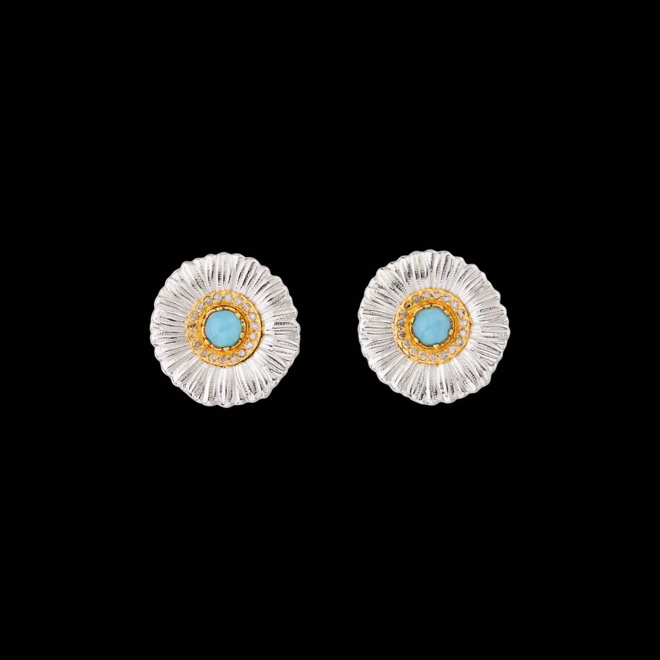 Buccellati BLOSSOMS SILVER BUTTON EARRINGS WITH DIAMONDS AND LIGHT BLUE AGATE