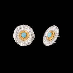 Buccellati BLOSSOMS SILVER BUTTON EARRINGS WITH DIAMONDS AND LIGHT BLUE AGATE