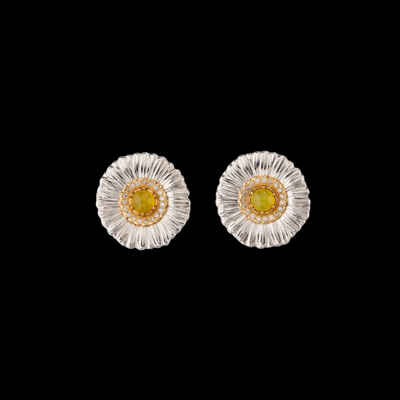 Buccellati BLOSSOMS SILVER BUTTON EARRINGS WITH DIAMONDS AND YELLOW AGATE