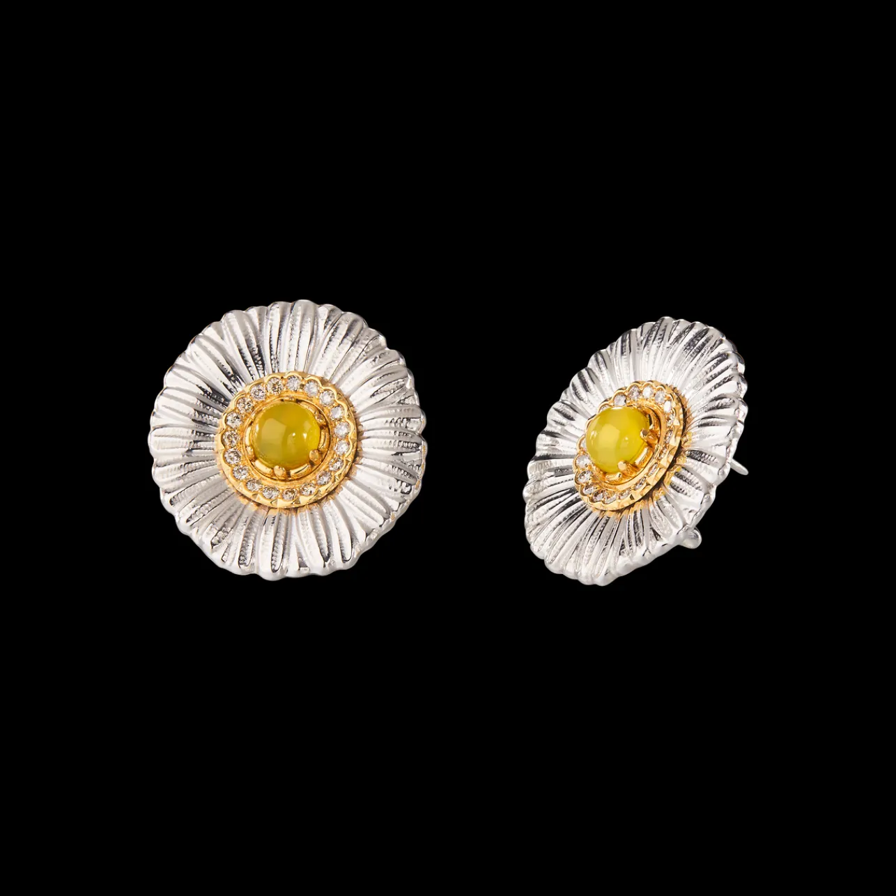 Buccellati BLOSSOMS SILVER BUTTON EARRINGS WITH DIAMONDS AND YELLOW AGATE