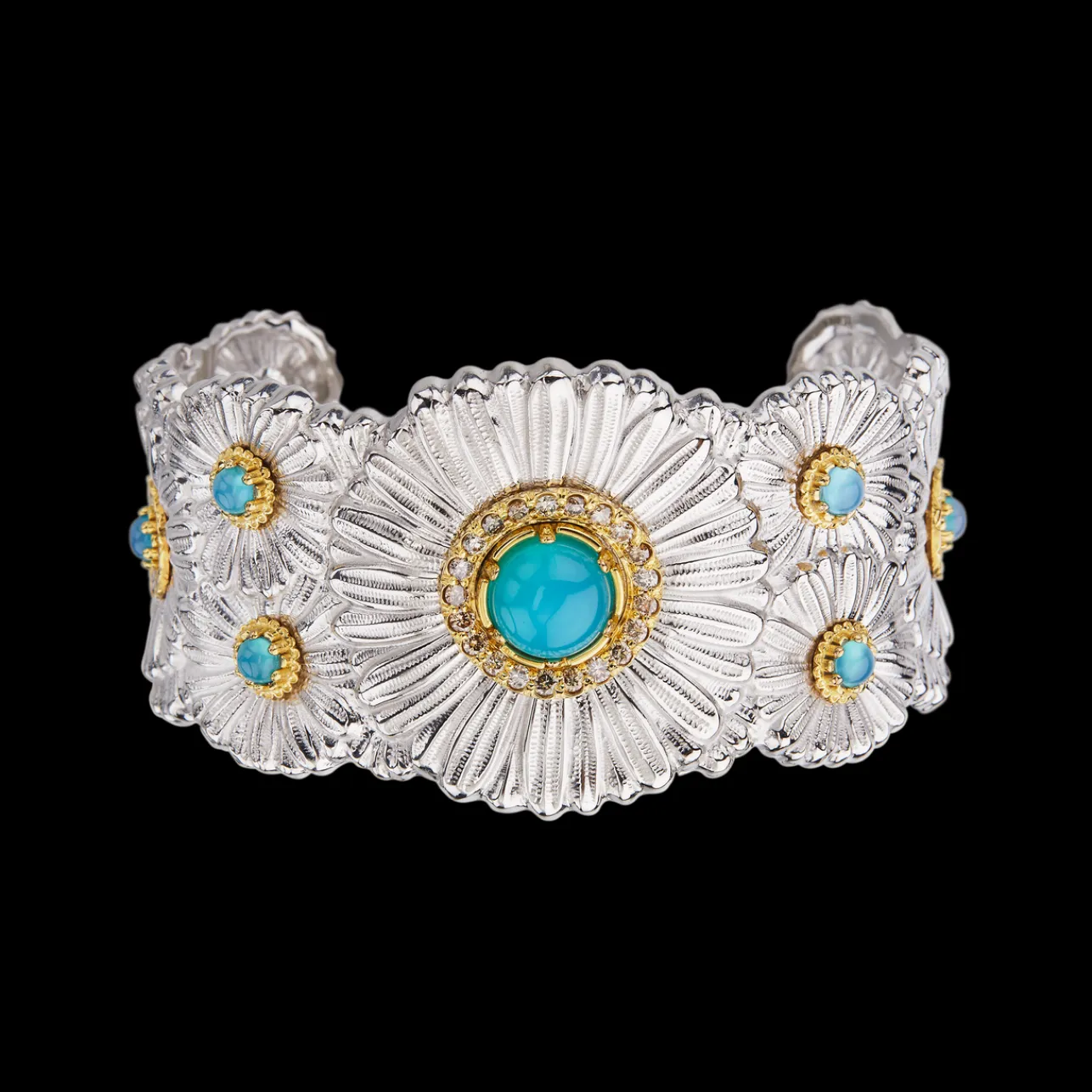 Buccellati BLOSSOMS SILVER CUFF BRACELET WITH DIAMONDS AND LIGHT BLUE AGATE