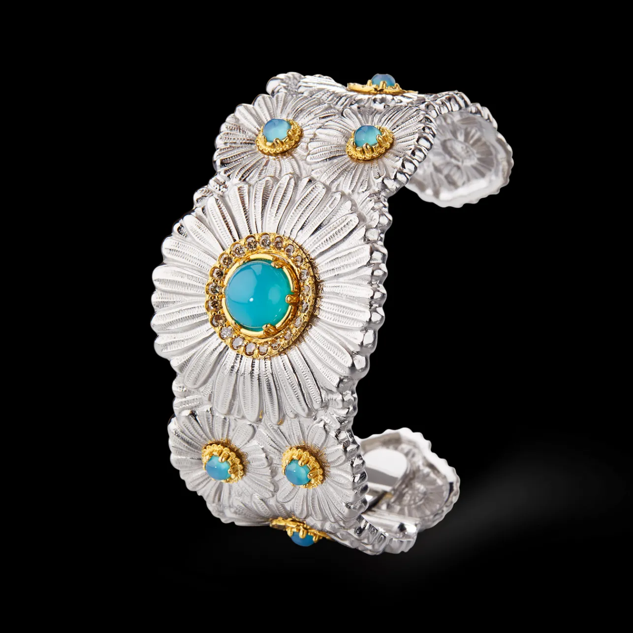Buccellati BLOSSOMS SILVER CUFF BRACELET WITH DIAMONDS AND LIGHT BLUE AGATE