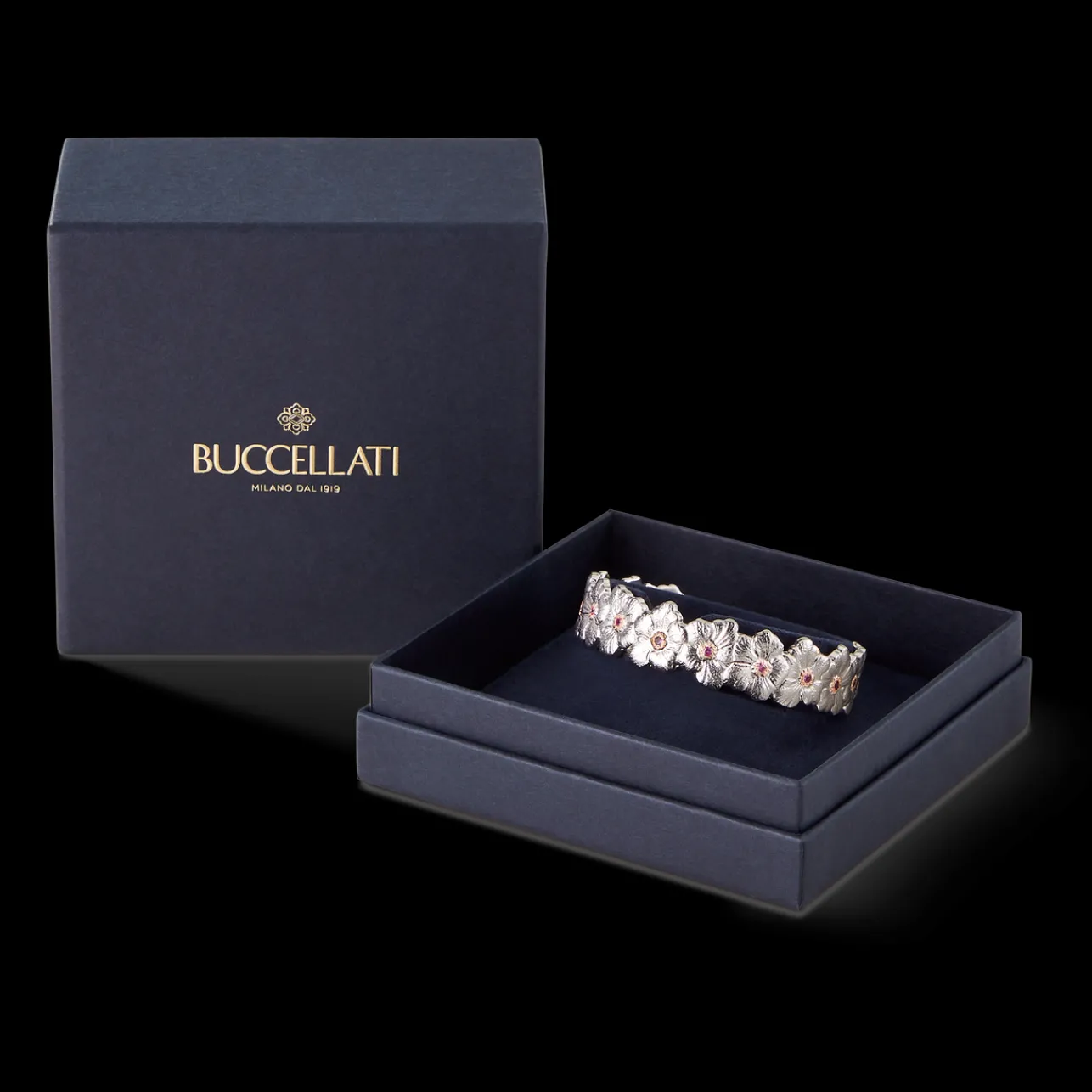 Buccellati BLOSSOMS SILVER CUFF BRACELET WITH PINK SAPPHIRE