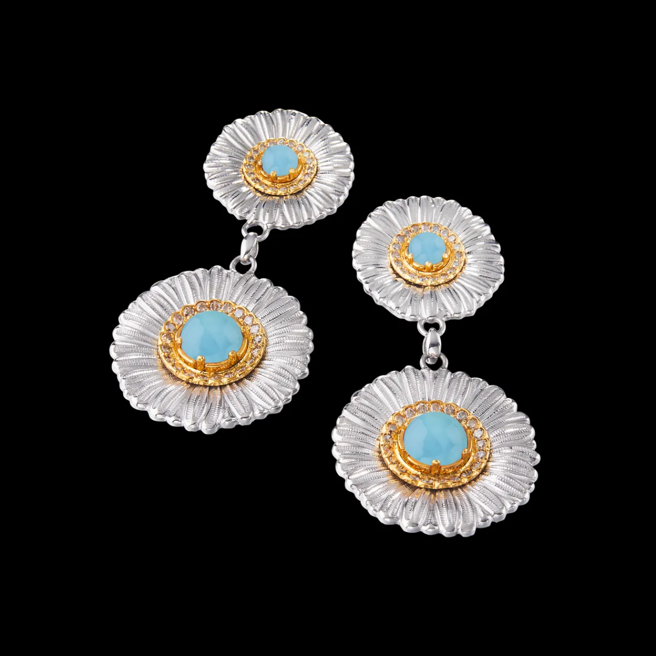 Buccellati BLOSSOMS SILVER EARRINGS WITH DIAMONDS AND LIGHT BLUE AGATE