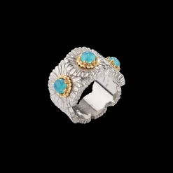 Buccellati BLOSSOMS SILVER ETERNELLE RING WITH DIAMONDS AND LIGHT BLUE AGATE