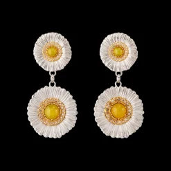 Buccellati BLOSSOMS SILVER PENDANT EARRINGS WITH DIAMONDS AND YELLOW AGATE