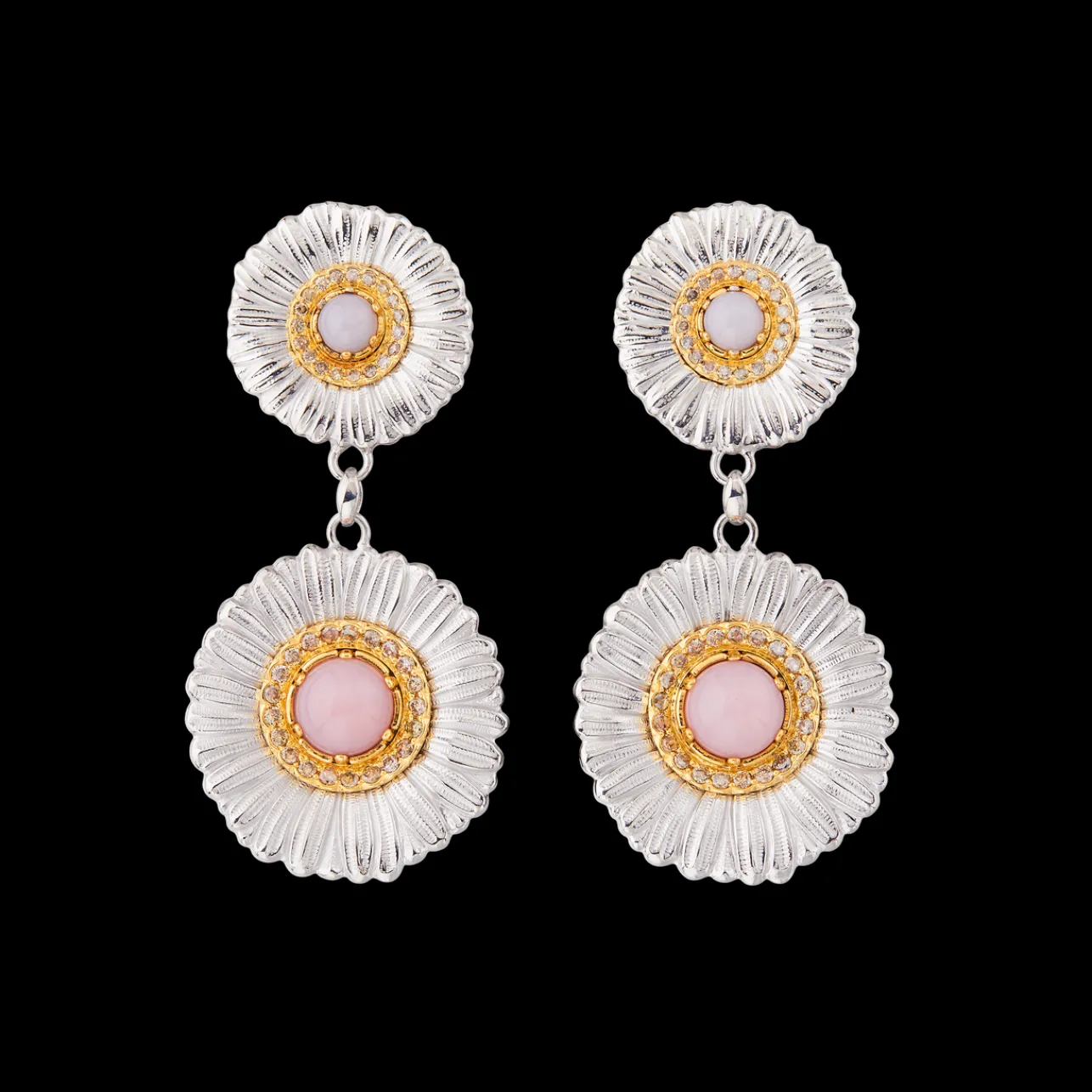 Buccellati BLOSSOMS SILVER PENDANT EARRINGS WITH DIAMONDS AND PINK OPAL