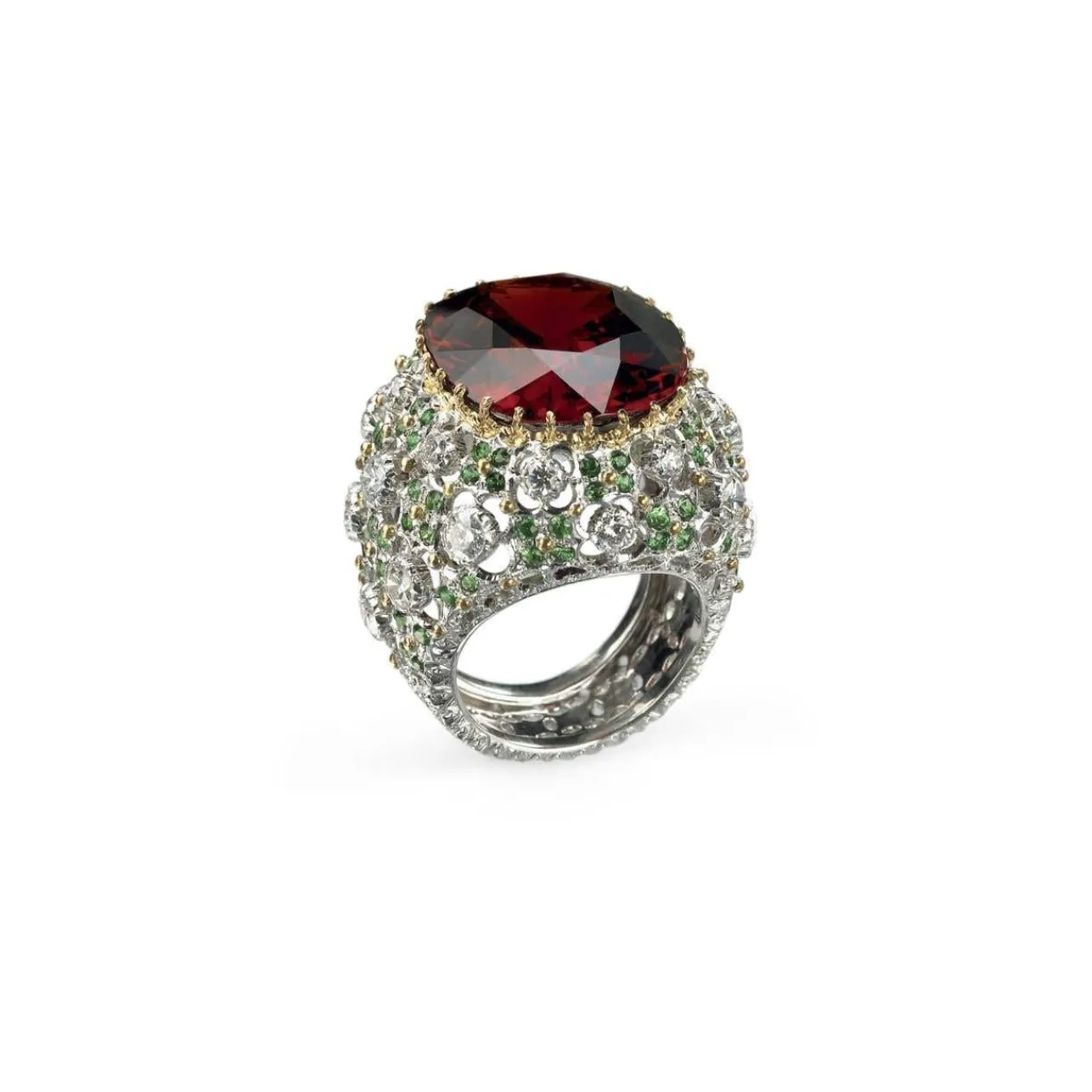 Buccellati COLOURED COCKTAIL WHITE AND YELLOW GOLD RING WITH TZAVORITES