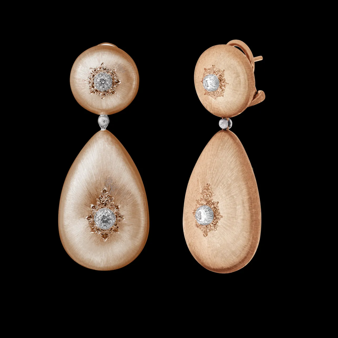 Buccellati MACRI CLASSICA PINK AND WHITE GOLD RIGATO EARRINGS WITH DIAMONDS