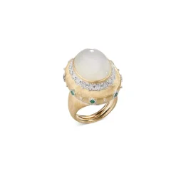 Buccellati MACRI COLOR YELLOW AND WHITE GOLD RING WITH MOONSTONE AND EMERALDS