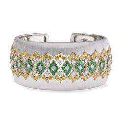 Buccellati MOSAICO WHITE AND YELLOW GOLD EMERALD CUFF BRACELET