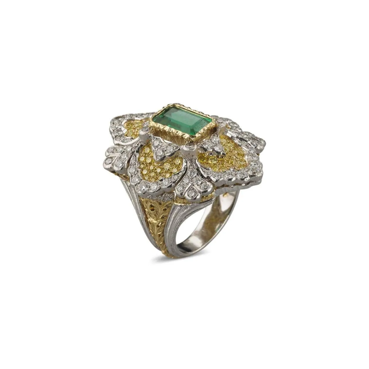 Buccellati OPERA HIGH JEWELLERY RING IN YELLOW AND WHITE GOLD WITH EMERALDS AND DIAMONDS