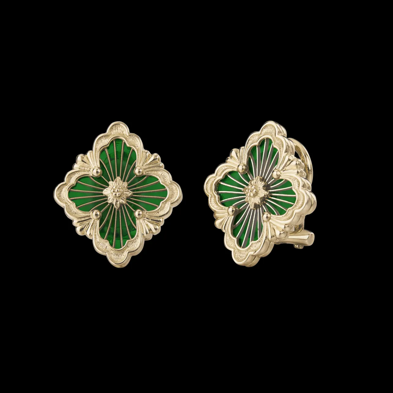 Buccellati OPERA TULLE YELLOW GOLD BUTTON EARRINGS WITH GREEN ENAMEL ELEMENT