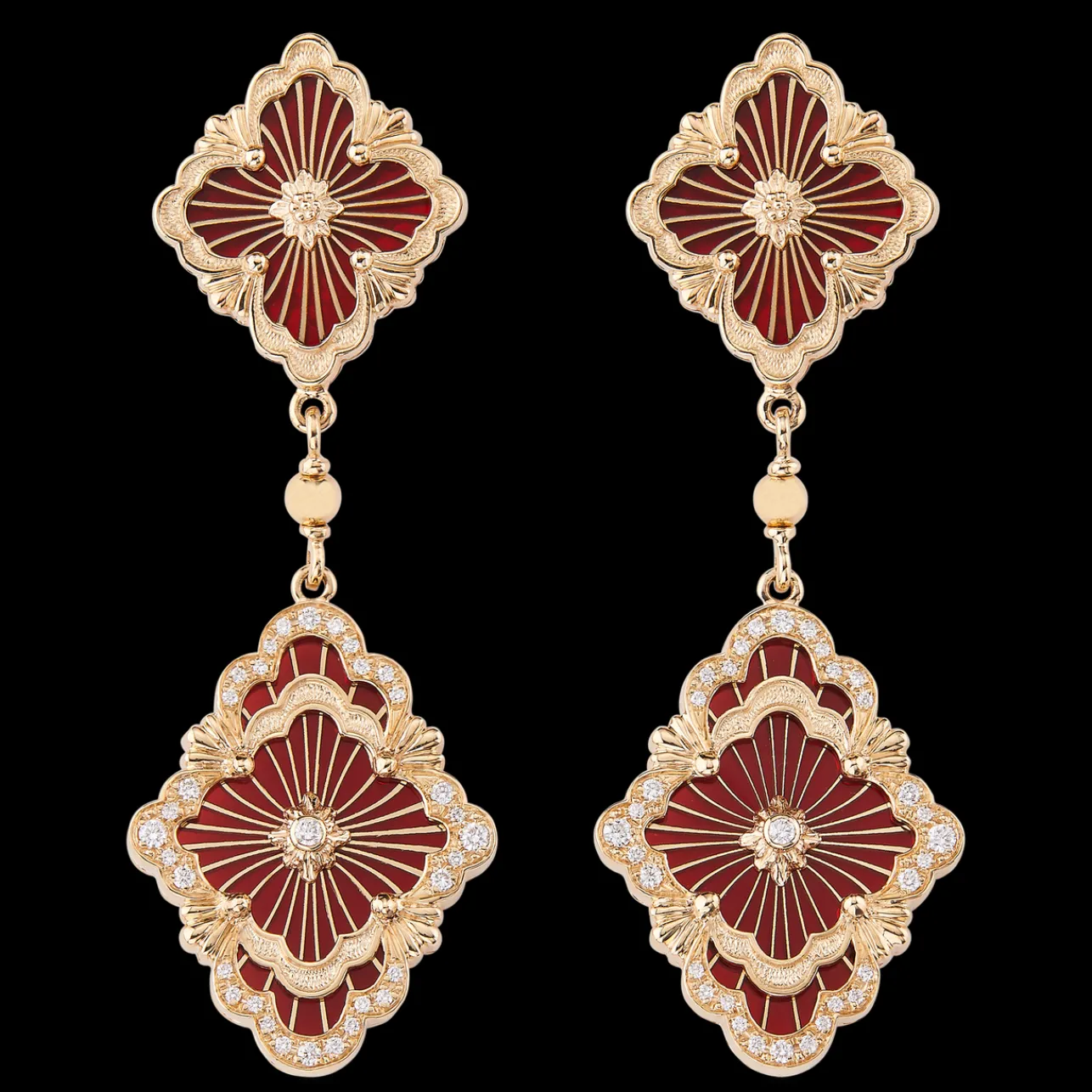 Buccellati OPERA TULLE YELLOW GOLD PENDANT EARRINGS WITH DOUBLE LAYERED LOGO
