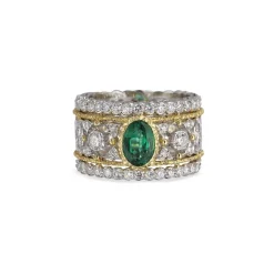 Buccellati PREMIUM BAND WHITE AND YELLOW GOLD RING WITH EMERALDS