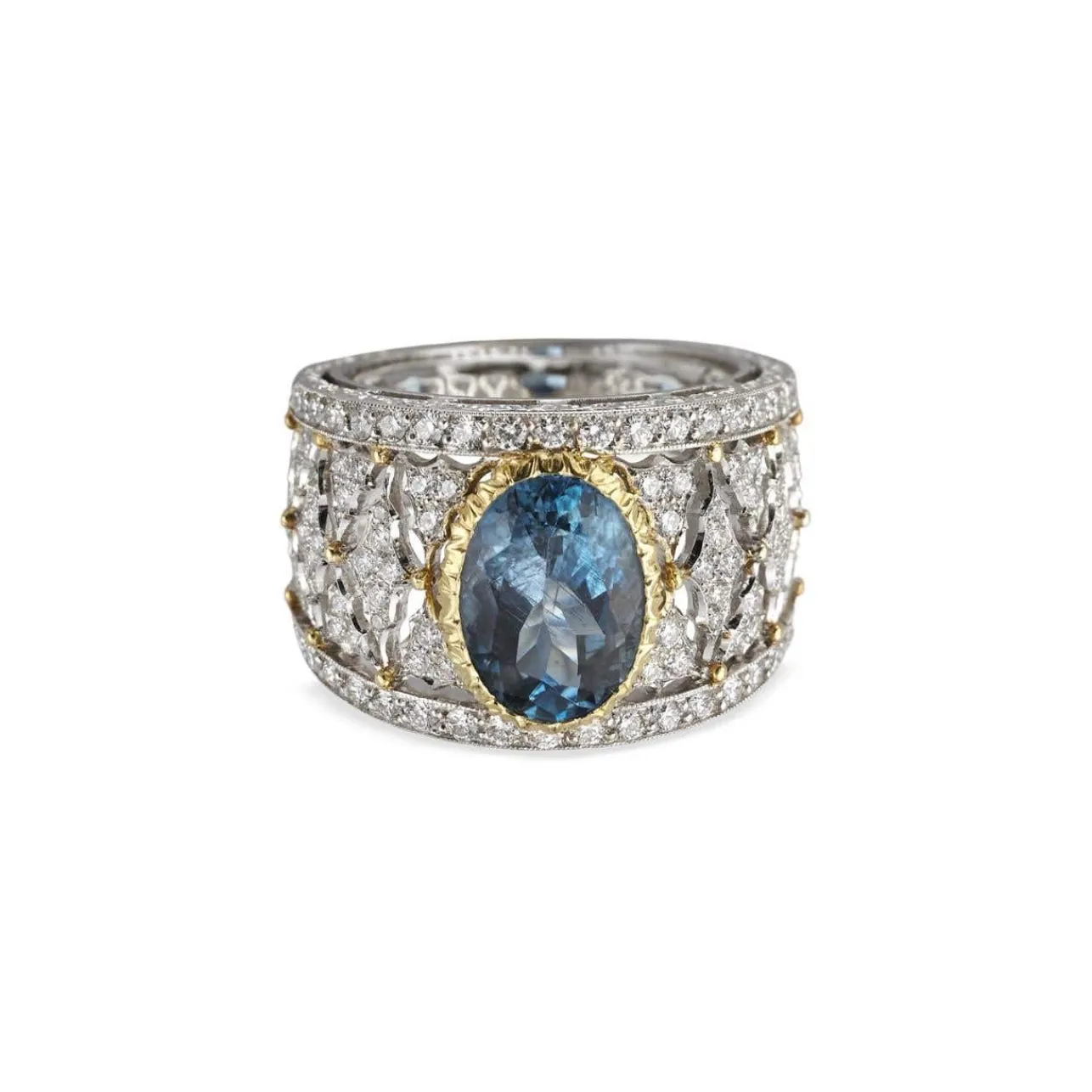Buccellati PREMIUM BAND WHITE AND YELLOW GOLD RING WITH AQUAMARINE