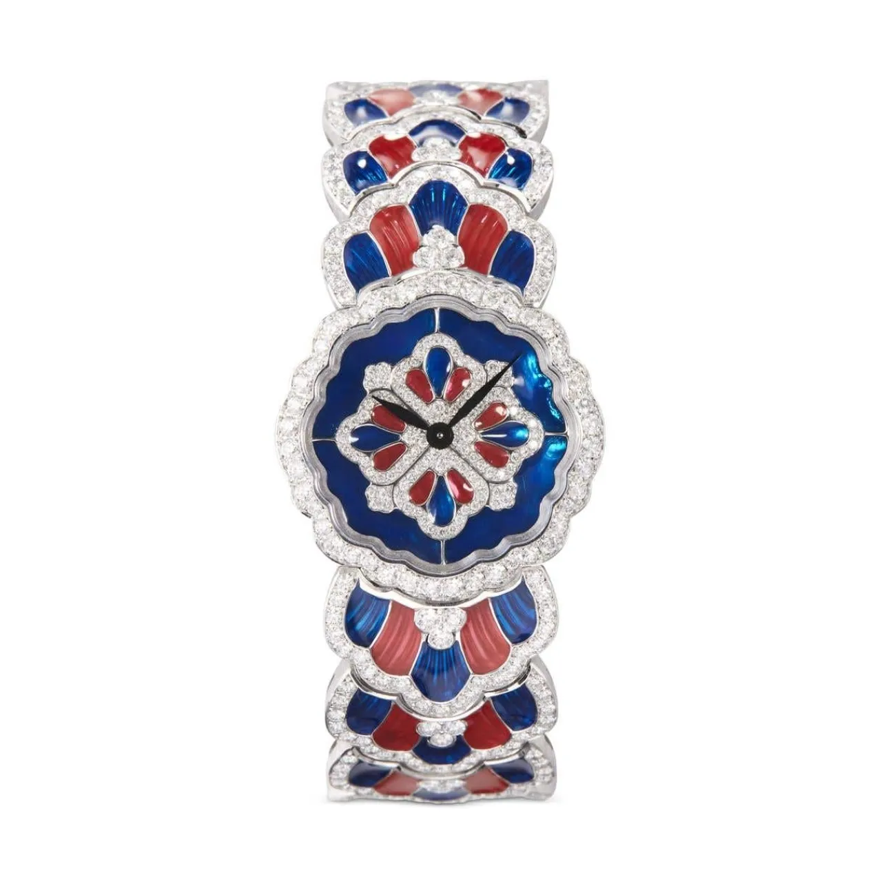 Buccellati TULLE WHITE GOLD WATCH IN RED AND BLUE ENAMEL WITH DIAMONDS